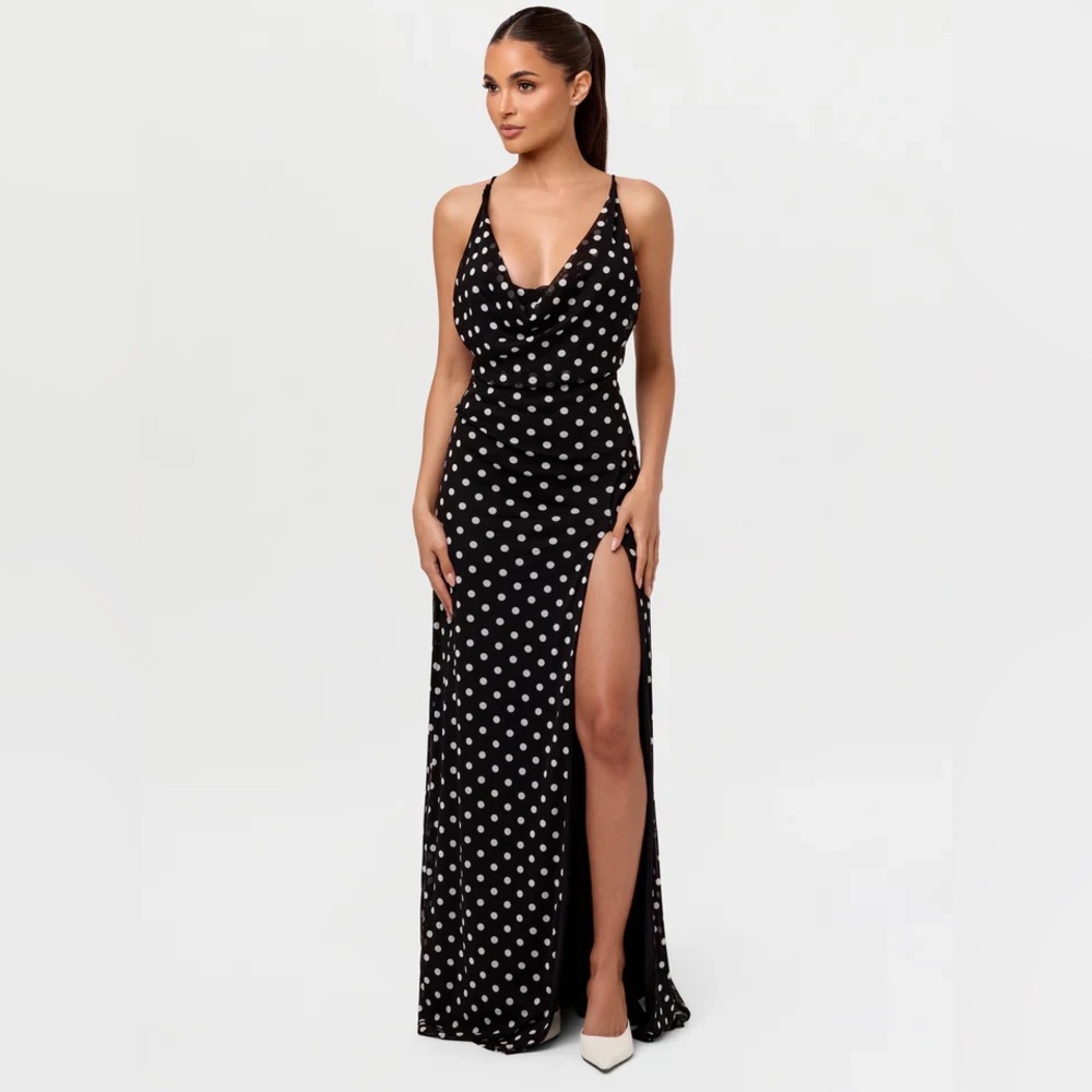 Naked Wardrobe Black and White Polka Dot Cowl Neck Maxi Dress with slit XL, NWT